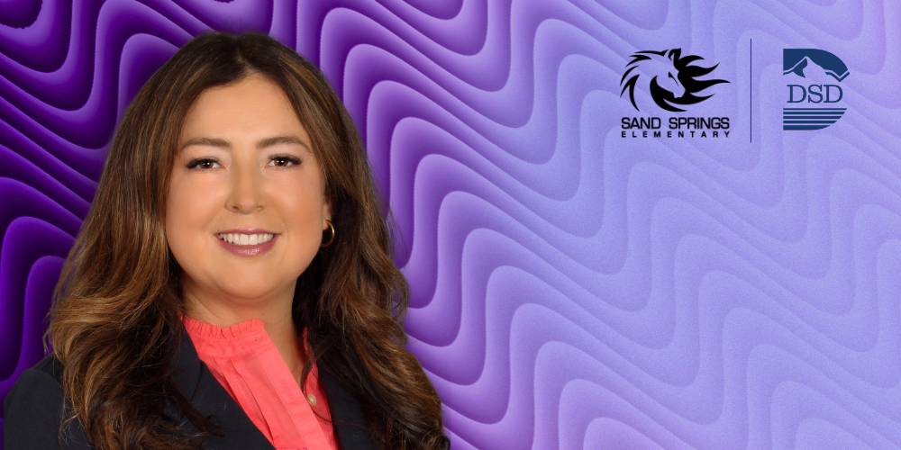 Assistant principal on a purple wavy background with the Sand Springs and DSD logos.