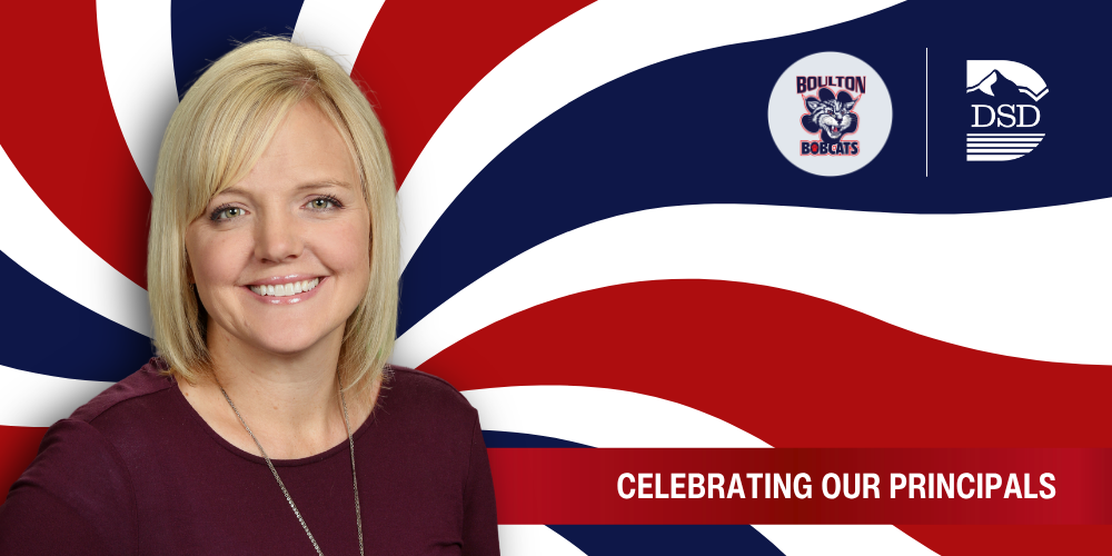 A principal in front of a wavy background with a banner that reads "Celebrating Our Principals"