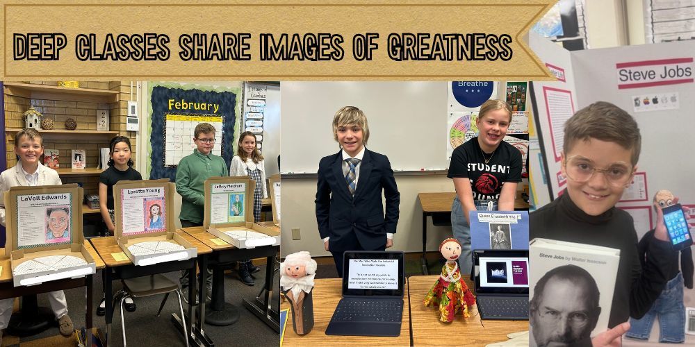 students with their reports on people of greatness in their classrooms