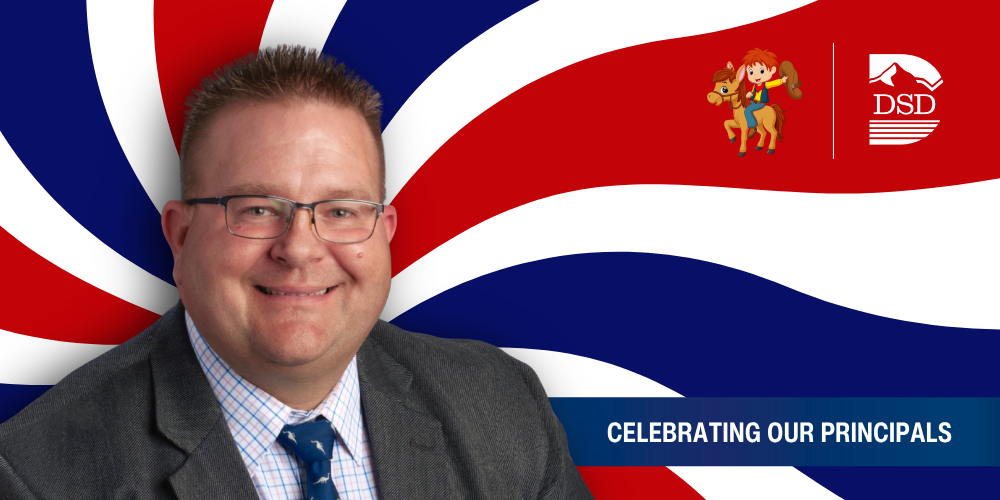 A principal in front of a wavy background with a banner that reads "Celebrating Our Principals"