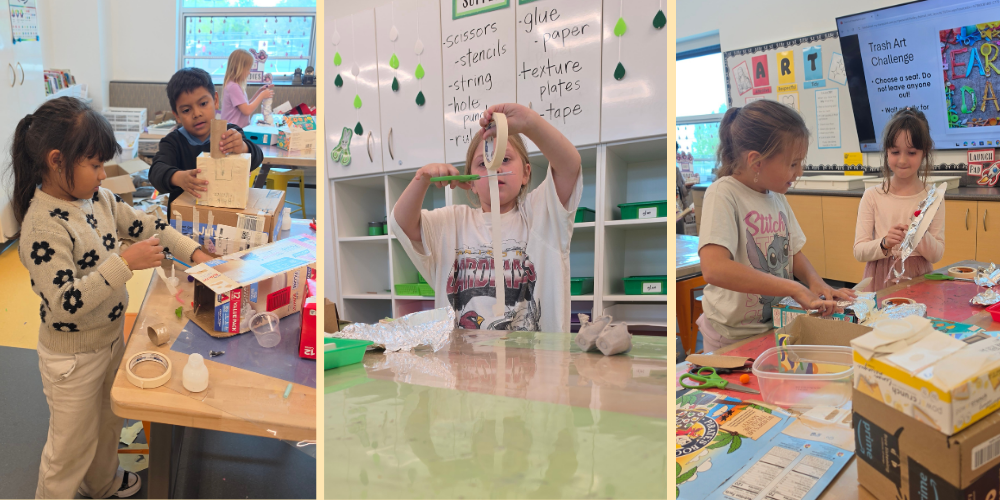 Header photo collage of Bountiful Elementary students participating in a Trash Art Challenge during art as part of an Earth day project.