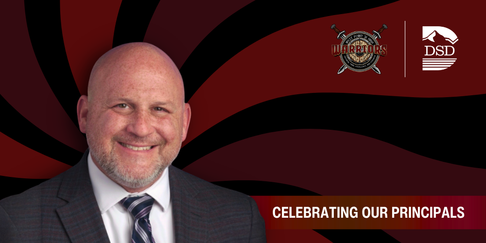 A principal in front of a wavy background with a banner that reads "Celebrating Our Principals"