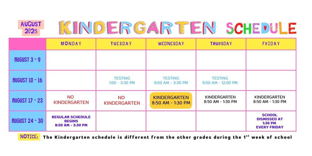 Kindergarten schedule is different than other grades the first week of school. Kindergarten testing is August 12, 13, & 14. No school for kindergarten on August 18 & 19. Kindergarten begins on August 20. August 20, 21, 22, kindergarten is dismissed at 1:30 pm. Regular school schedule begins on  August 25 8:50 am - 3:30 pm. School is dismissed at 1:30 every Friday.