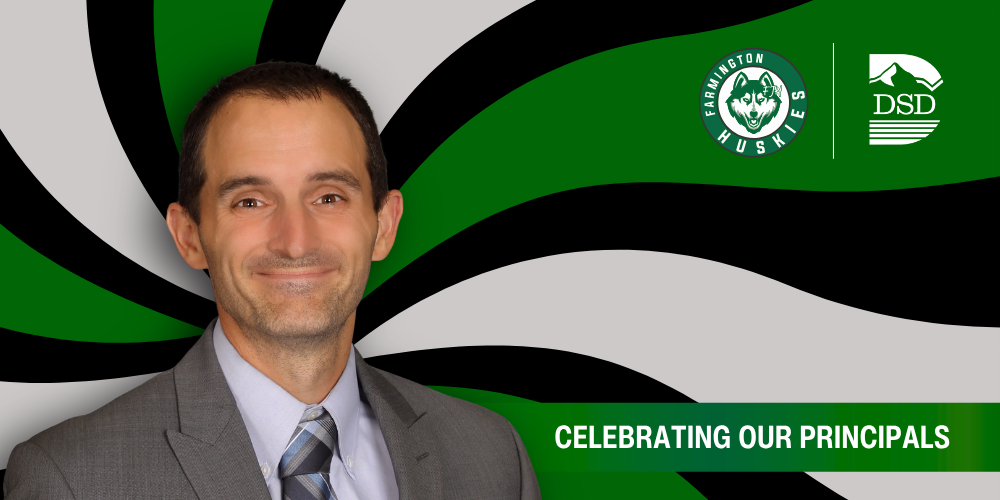 A principal in front of a wavy background with a banner that reads "Celebrating Our Principals"