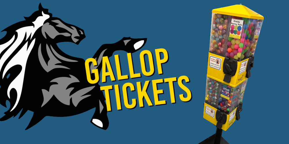 Image of Taylor Mustang pointing towards reward dispenser. Text, "Gallop Tickets!"