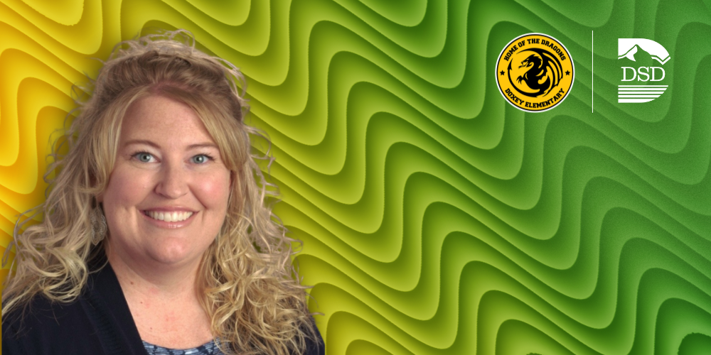 Assistant principal with a yellow and green wavy background and the Doxey Elementary and DSD logos.