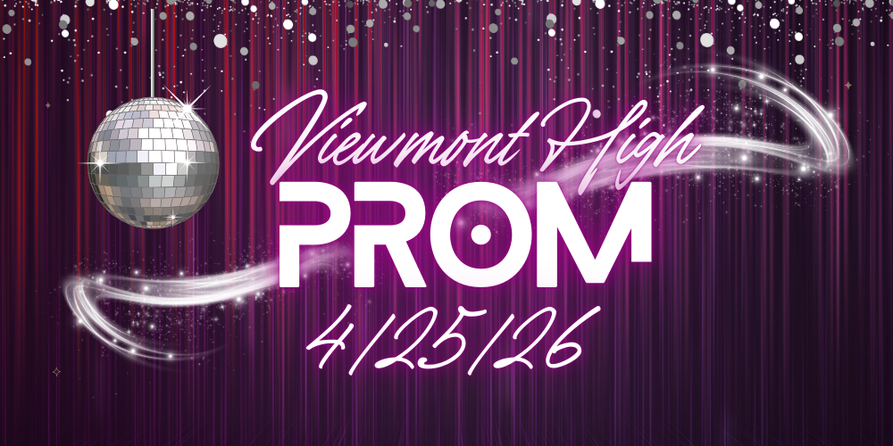 Promotional graphic for Viewmont High prom with a disco ball, sparkling light trails, and the text “Viewmont High PROM 4/25/26” on a purple and pink glittering background.