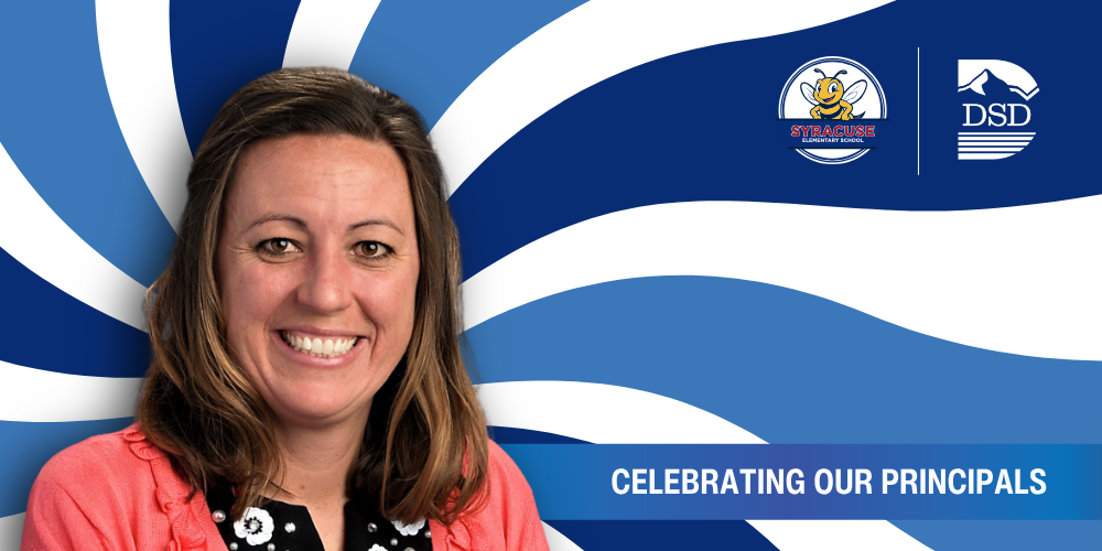 A principal in front of a wavy background with a banner that reads "Celebrating Our Principals"