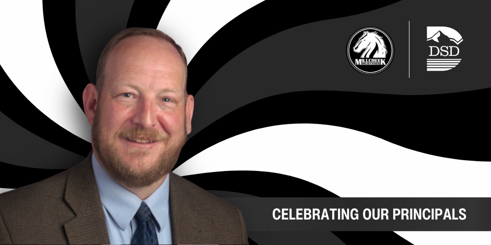 A principal in front of a wavy background with a banner that reads "Celebrating Our Principals"