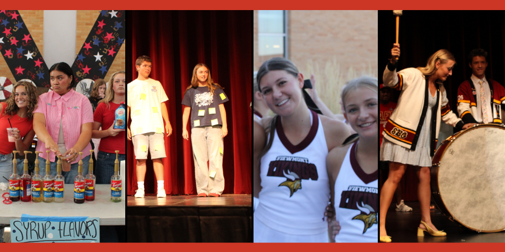A collage of four photos from Viewmont High School events. The first photo shows students behind a table with flavored syrup bottles labeled “Syrup: Flavors,” smiling and serving drinks. The second photo shows two students standing on stage, each covered with sticky notes, in front of a red curtain. The third photo features three cheerleaders in white and maroon uniforms with “Viewmont Vikings” on the front, smiling together outside. The fourth photo shows a student in a white dress and letterman jacket raising a mallet while standing next to a large marching band drum, with another student in uniform holding drumsticks.