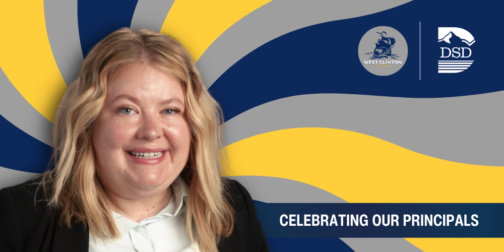 A principal in front of a wavy background with a banner that reads "Celebrating Our Principals"