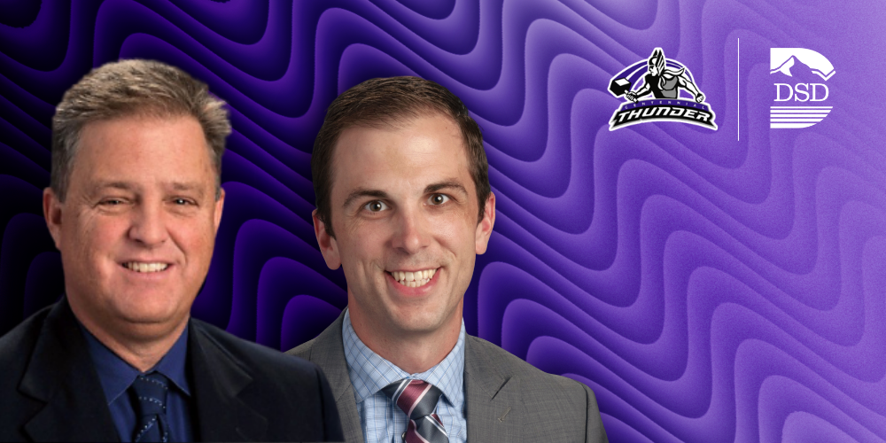 Two assistant principals on a purple and black wavy background with the Centennial Junior High and DSD logos. 