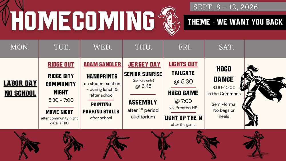 Homecoming week calendar outlining activities for Tuesday through Saturday Sept 8-12, 2026