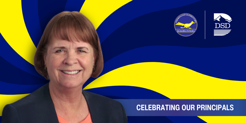 A principal in front of a wavy background with a banner that reads "Celebrating Our Principals"