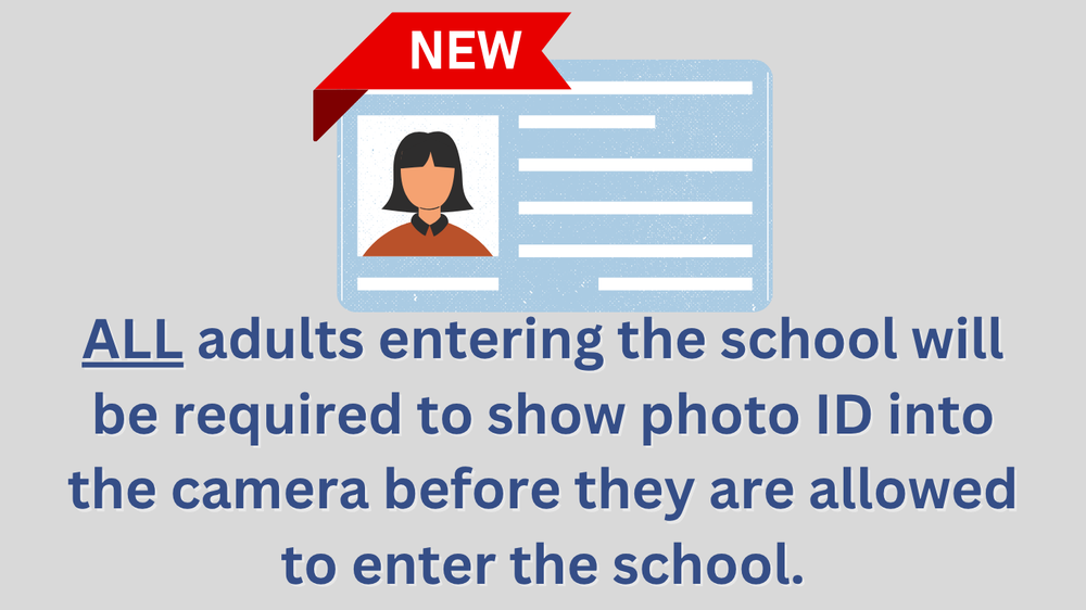 ALL adults entering the school will be required to show photo ID into the camera before they are allowed to enter the school.