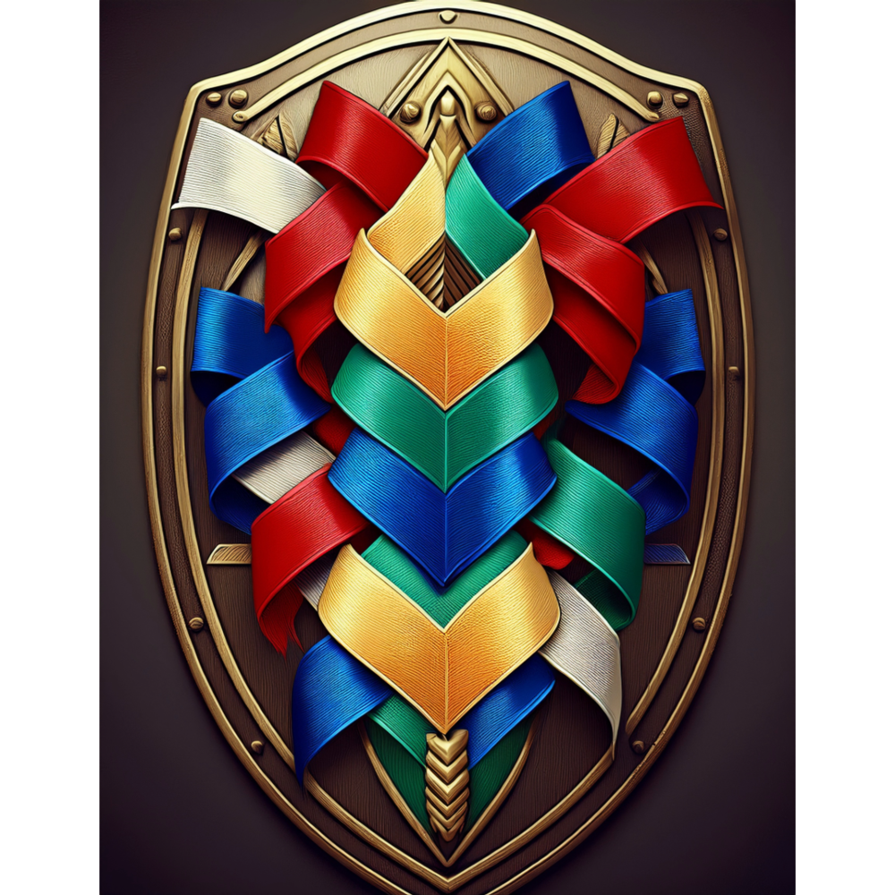 Blue, red, yellow, green, and white ribbons on a spartan shield