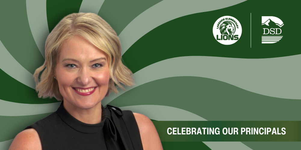 A principal in front of a wavy background with a banner that reads "Celebrating Our Principals"