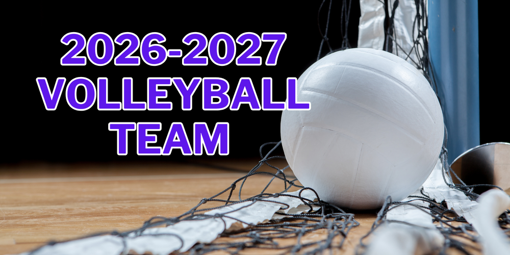 2026-2027 Volleyball Team in purple outlined in white on top of a picture of a volleyball net, blue pole, and white volleyball on the gym floor