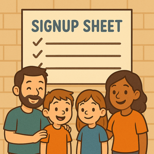 cartoon people in front of sign up sheet