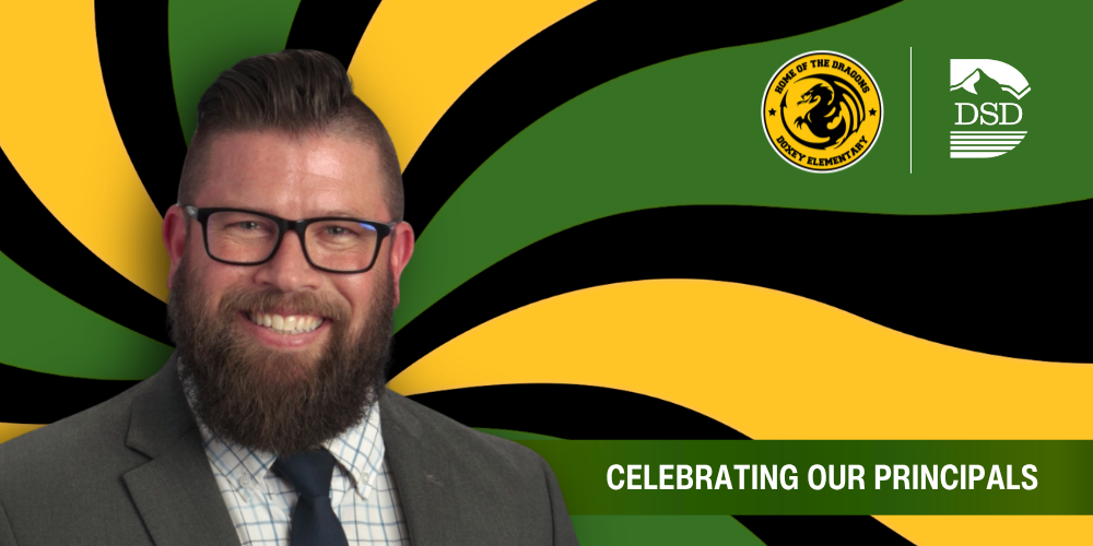 A principal in front of a wavy background with a banner that reads "Celebrating Our Principals"