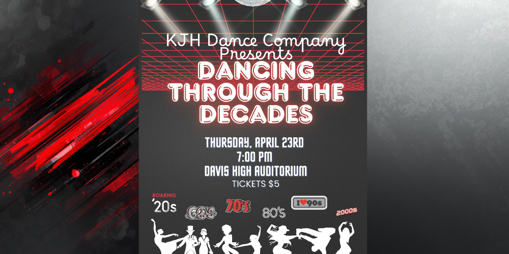 image of disco ball, stage lights and different decade silhouettes. kjh dance company presents dancing throught the decades thursday, april 23rd 7:00 pm davis high auditorium tichets $5 roaring '20s 60s 70s 80s iheart 90s 2000s