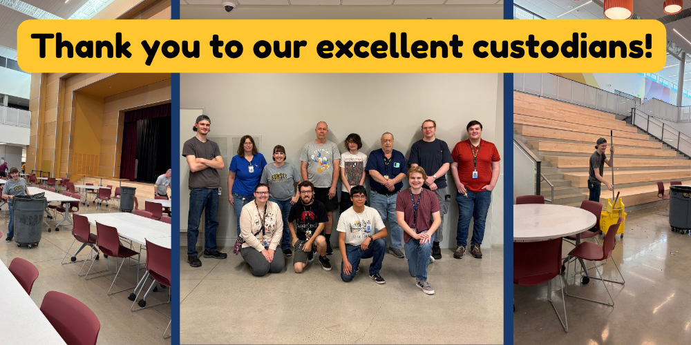 Thank you to our excellent custodians! Pictures are of the custodial staff together and some working.