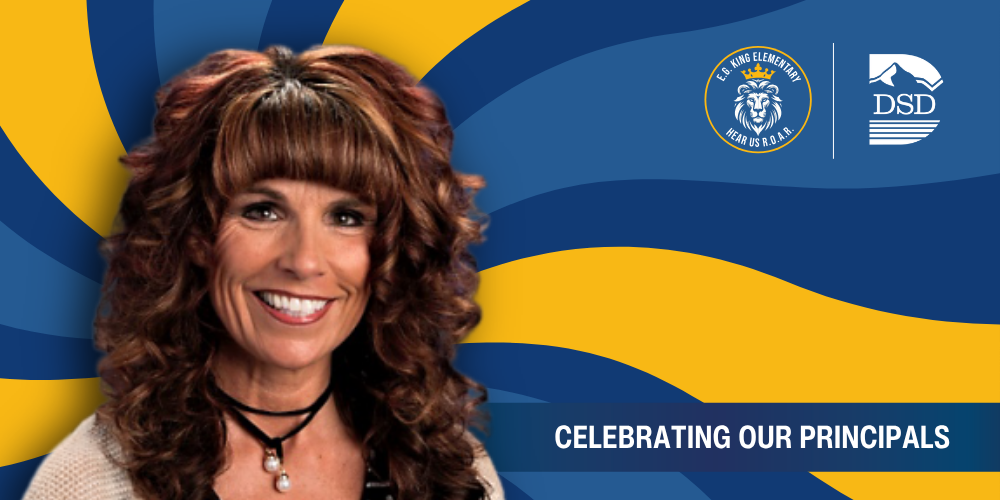 A principal in front of a wavy background with a banner that reads "Celebrating Our Principals"