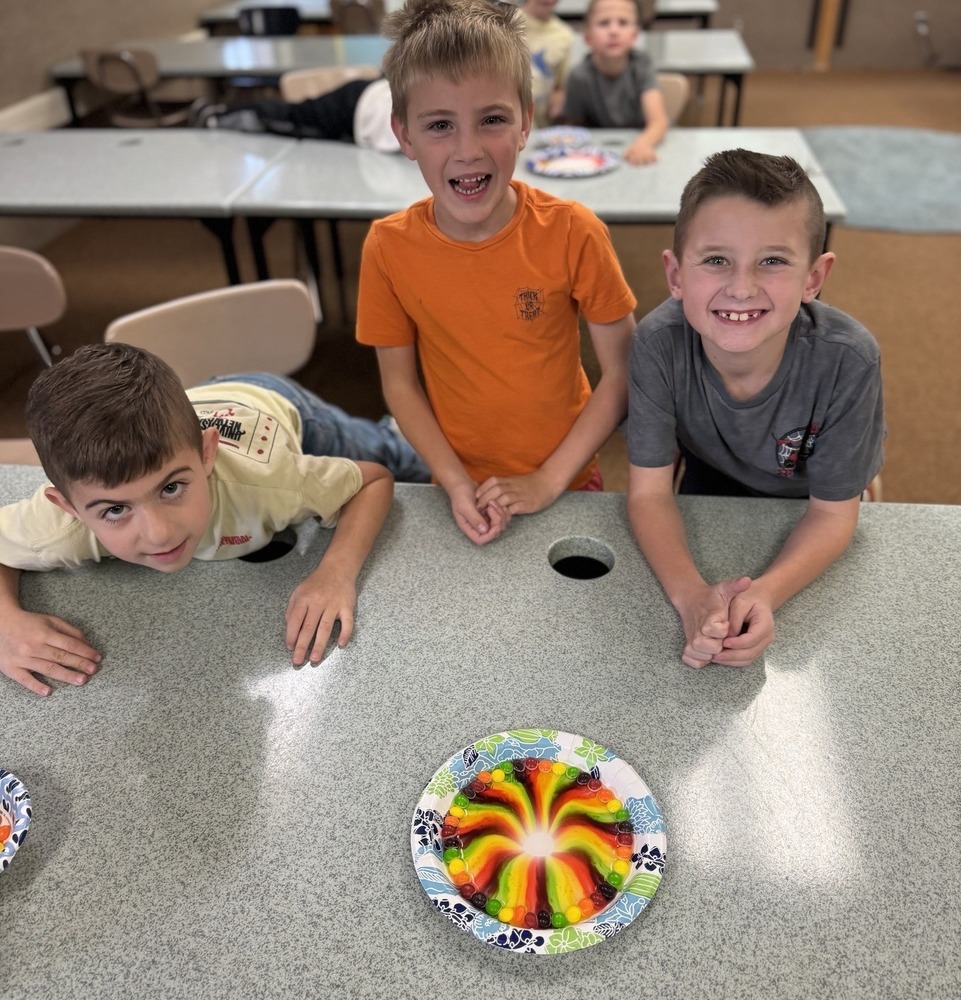 Students with skittle rainbows on a plate