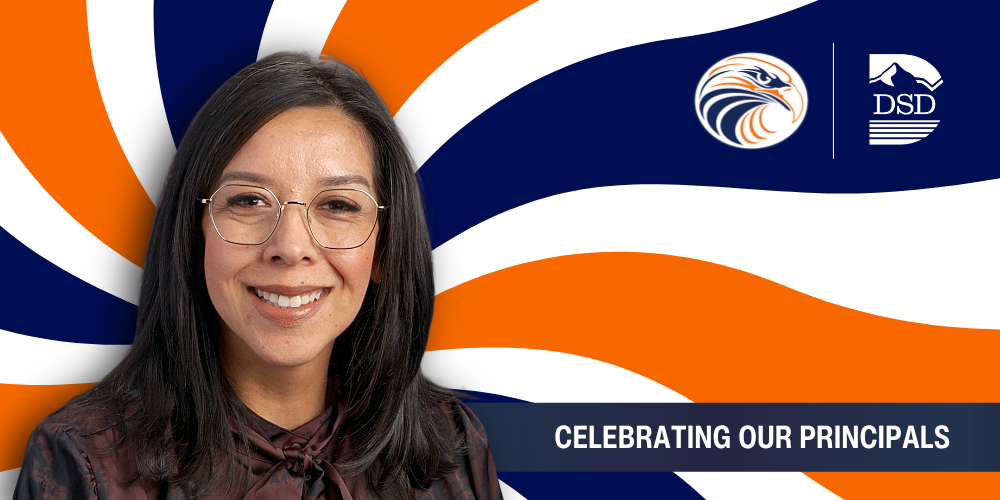 A principal in front of a wavy background with a banner that reads "Celebrating Our Principals"