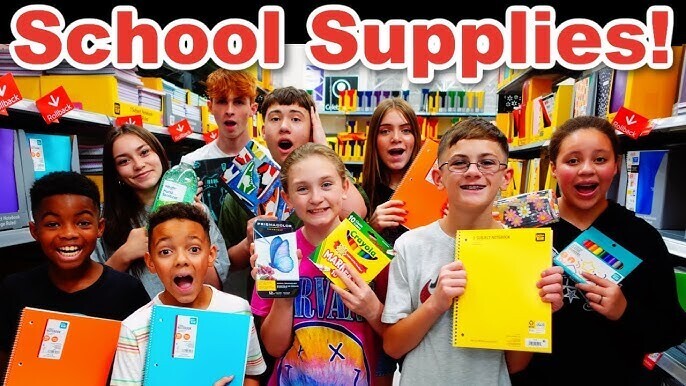 School supplies heading with students holding up crayola crayons, notebooks and hand sanitizer
