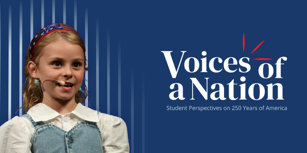 A student speaker talking with a banner that reads: "Voices of a Nation: Student Perspectives on 250 Years of America."