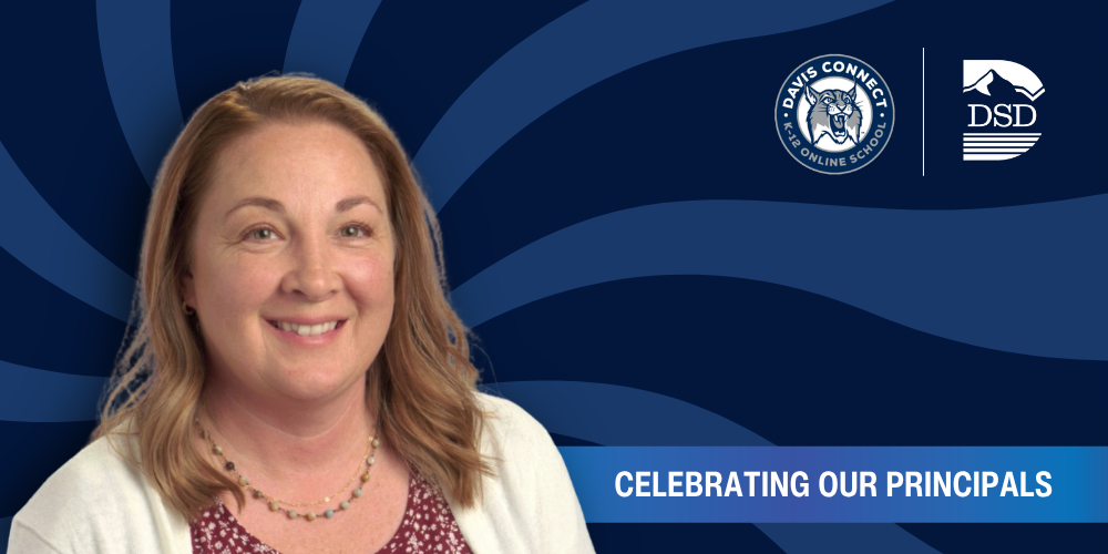 A principal in front of a wavy background with a banner that reads "Celebrating Our Principals"