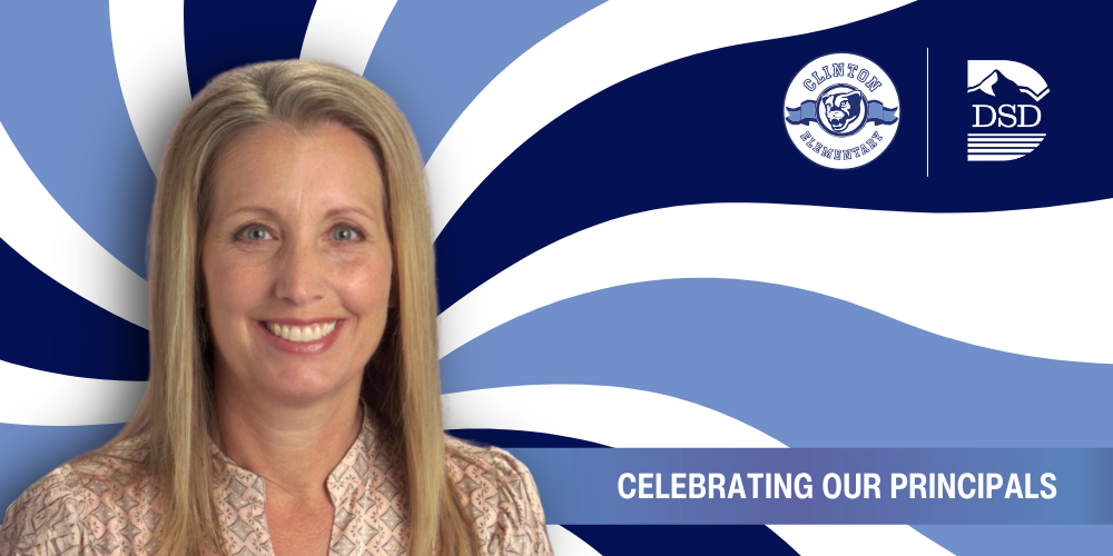 A principal in front of a wavy background with a banner that reads "Celebrating Our Principals"