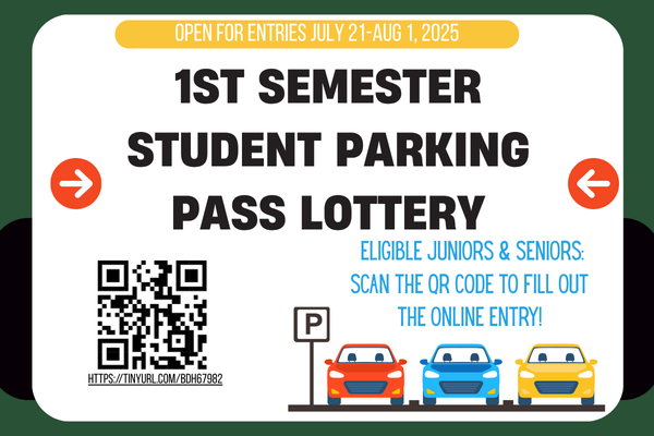 1 semester Student Parking Pass Lottery open until Aug. 1.
