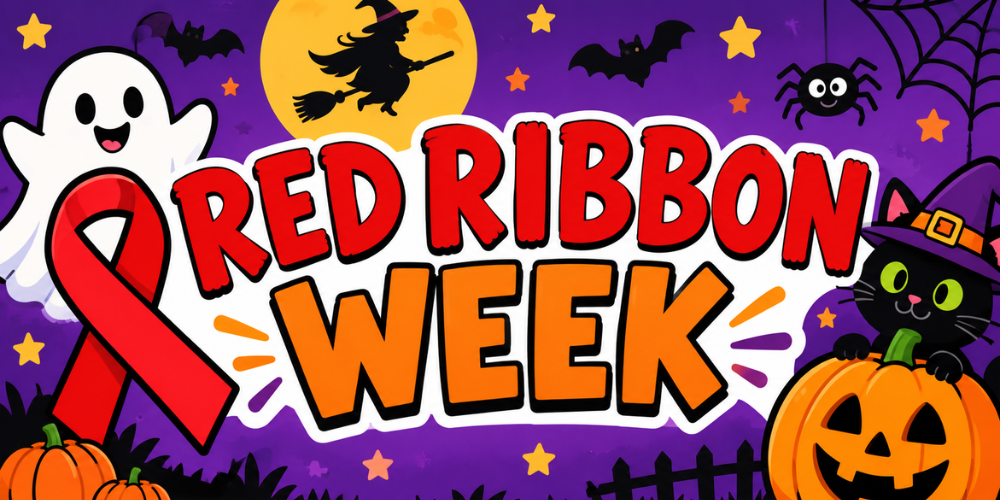 Halloween colors and characters with the words red ribbon week