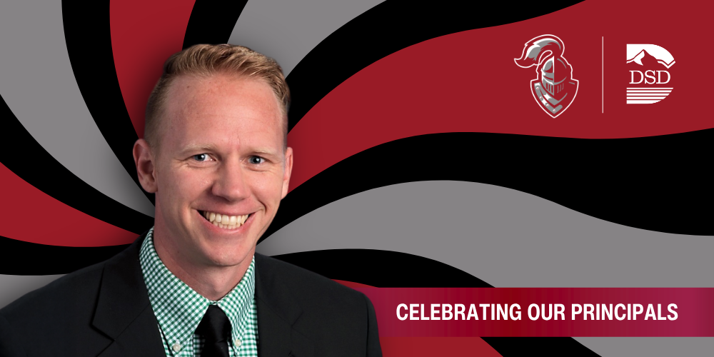 A principal in front of a wavy background with a banner that reads "Celebrating Our Principals"