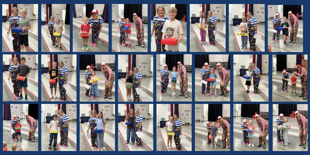 24 photos of students posing next to the principal and vise principals. Each student is holding an award.