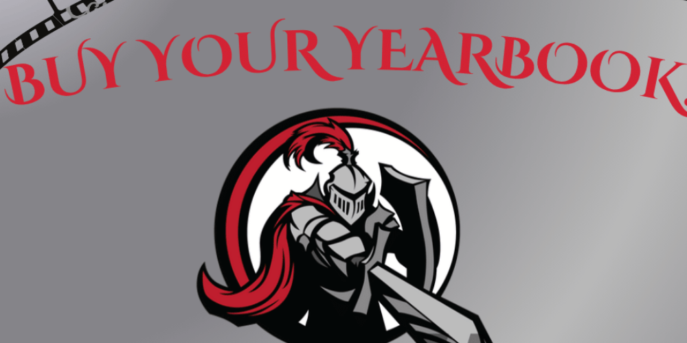image of the kjh knight logo, a knight pointing a sword and holding a shield. knights buy your yearbook!