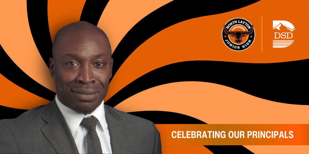 A principal in front of a wavy background with a banner that reads "Celebrating Our Principals"