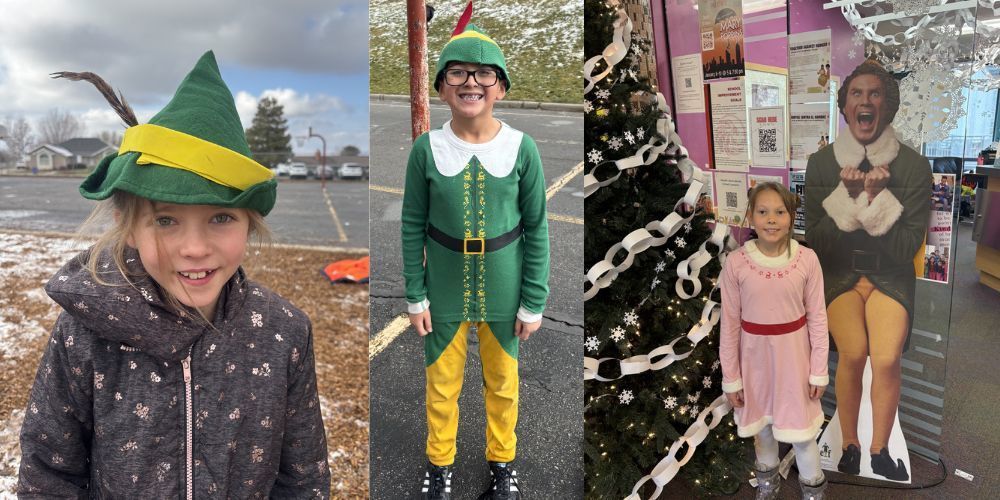 three kids dressed like characters from elf