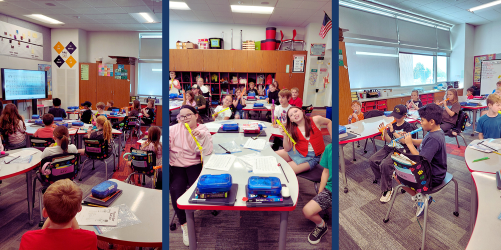 Three picture collage. 4th Grade students playing the recorder in their classroom. 