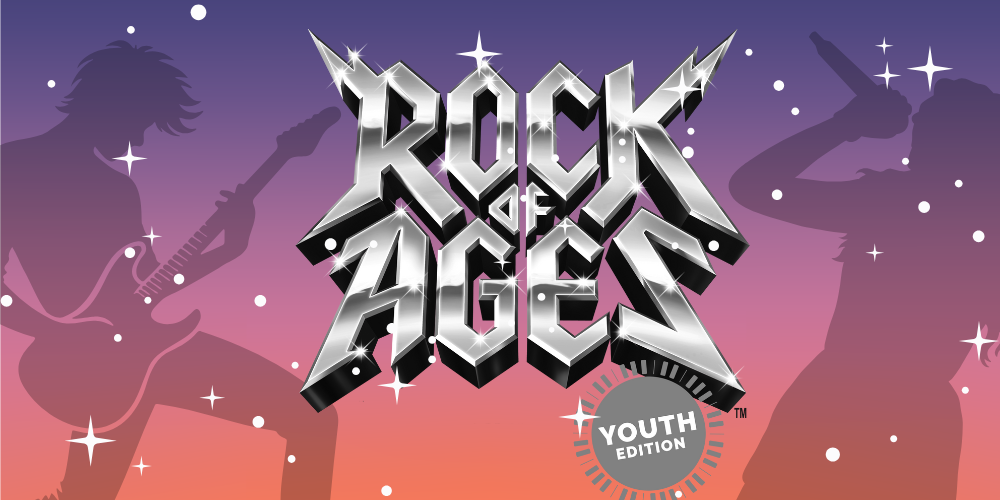 ROCK OF AGES YOUTH EDITION IN GRAY ON TOP OF A SUNSET BACKGROUND - PURPLE, PINK, ORANGE WITH SILHOUETTES OF BOY PLAYING AN ELECTRIC GUITAR AND GIRL SINGING WITH MICROPHONE