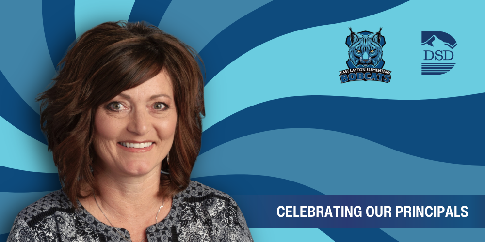 A principal in front of a wavy background with a banner that reads "Celebrating Our Principals"
