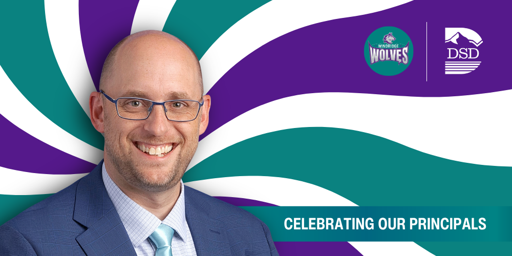 A principal in front of a wavy background with a banner that reads "Celebrating Our Principals"