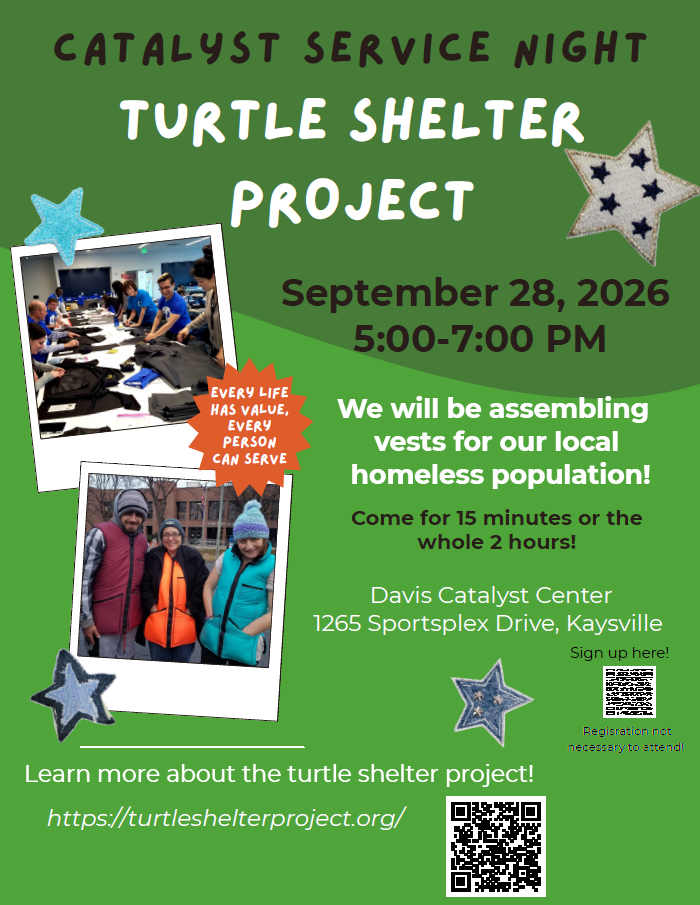 🐢“Turtle shelters” are insulated vests distributed to the homeless community in the colder months that we will help to assemble for a few hours. Come anytime between 5–7 PM to help cut/assemble them (fabric and foam), and then at 7 PM we will be helping to box them up and/or pin/stitch them together.