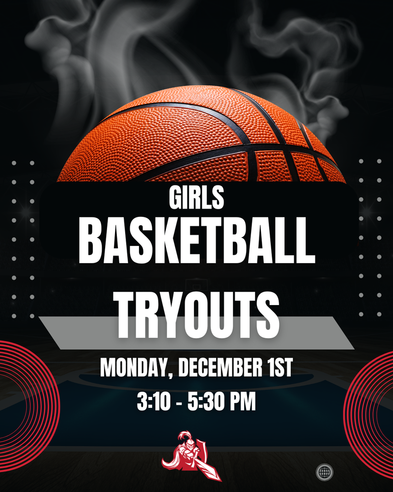 image of a basketball with smoke coming out of the top. kjh knight logo a knight pointing a sword holding a shield girls basketball tryouts monday, december 1st 3:10 - 5:30 pm