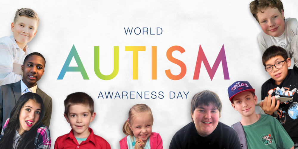 A photo of nine students with the words "World Autism Awareness Day" in the middle.