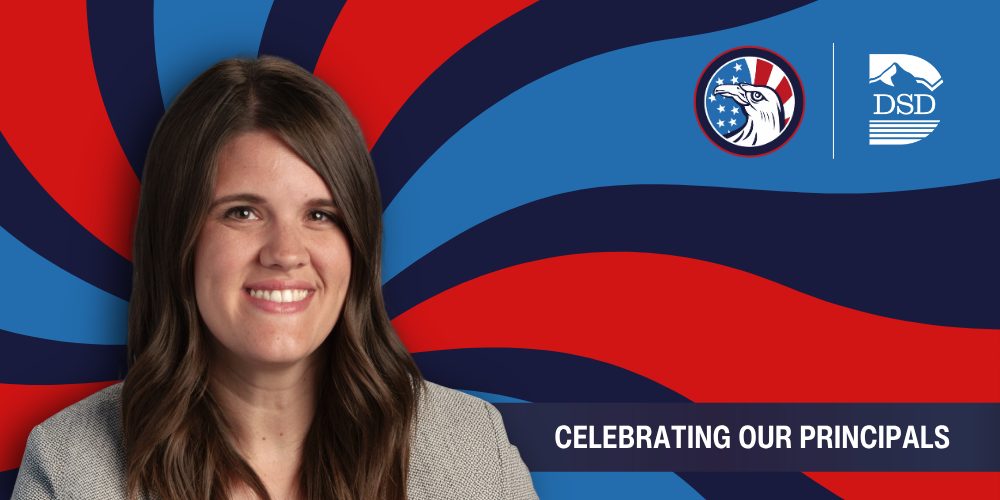 A principal in front of a wavy background with a banner that reads "Celebrating Our Principals"
