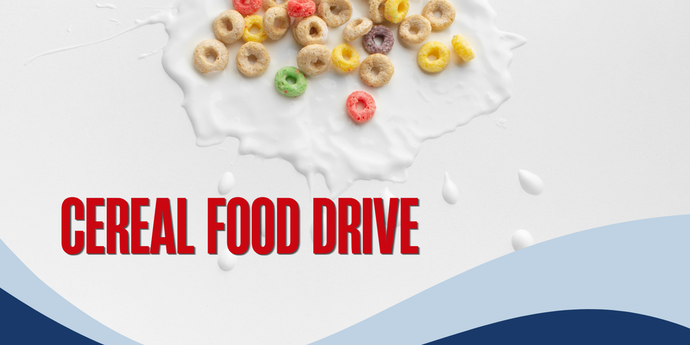Cereal splashed on counter. Words saying "Cereal Food Drive"