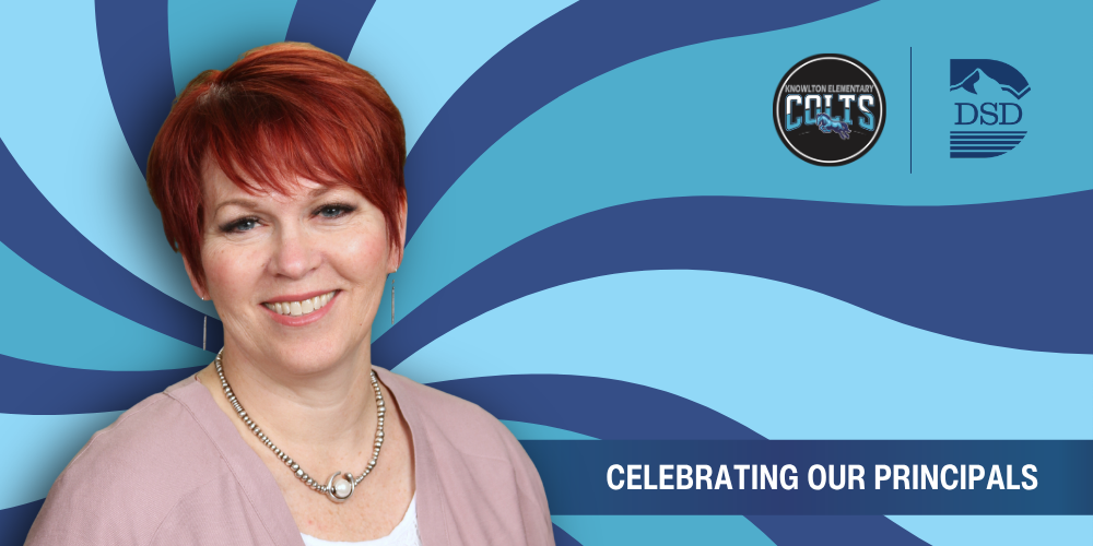 A principal in front of a wavy background with a banner that reads "Celebrating Our Principals"